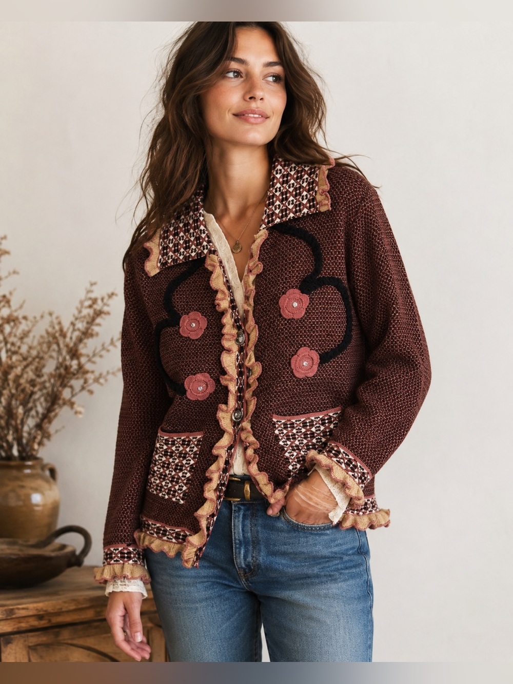 Vintage Supreme 60s 70s Knit Cardigan S Burgundy Art To Wear Boho Folk Embroider